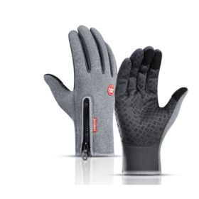 Outdoor Waterproof Gloves Touch Screen Windproof Riding Zipper Sports Winter Warm Fleece Mountaineering Gloves (Option: Grey-XL-Zipper)